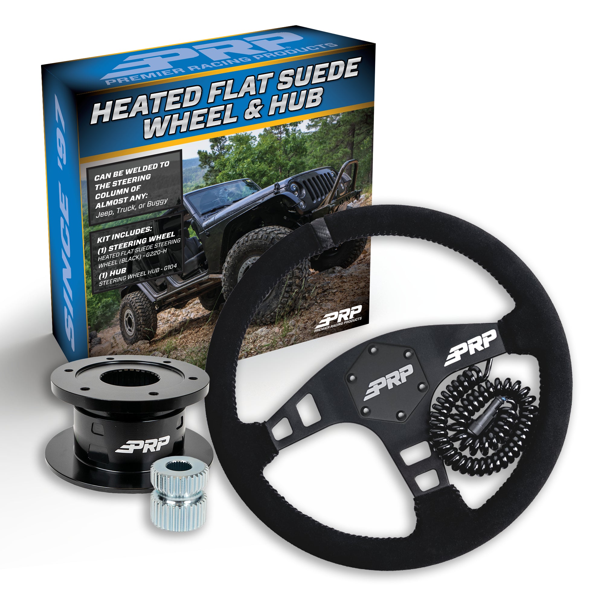 PRP Heated Flat Suede Steering Wheel Kit with Quick Release Hub with Universal Weld on Adaptor