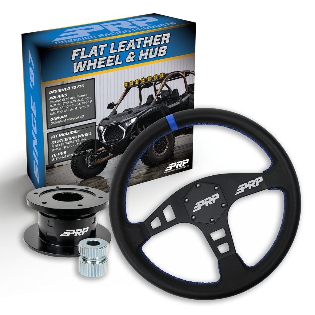 PRP Flat Leather Steering Wheel Kit with Quick Release Hub for Polaris RZR, Can Am X3, Arctic Cat Wildcat, EZ-GO, GEM, John Deere Gator