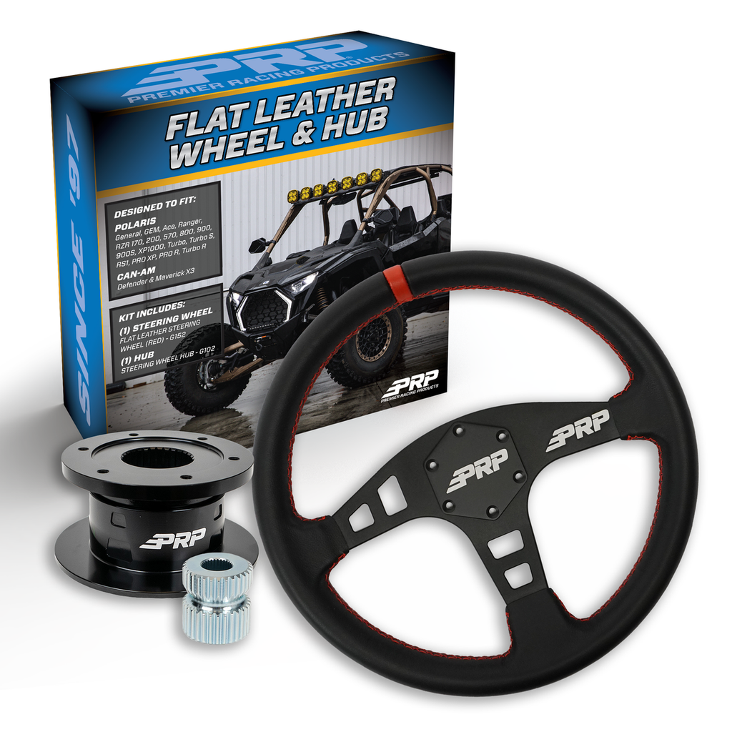 PRP Flat Leather Steering Wheel Kit with Quick Release Hub for Polaris RZR, Can Am X3, Arctic Cat Wildcat, EZ-GO, GEM, John Deere Gator