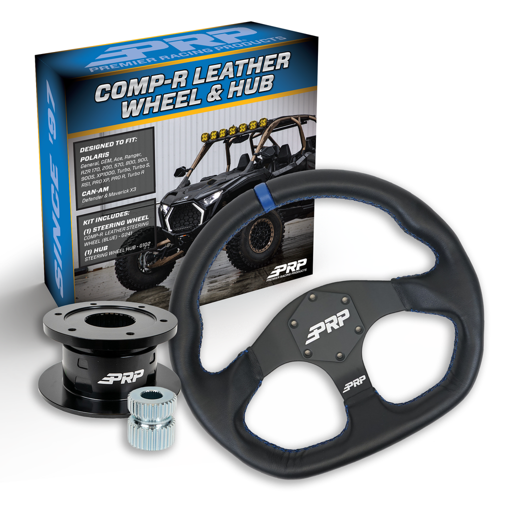PRP Leather D-Shape Steering Wheel Kit with Quick Release Hub for Polaris RZR, Can Am X3, Arctic Cat Wildcat, EZ-GO, GEM, John Deere Gator